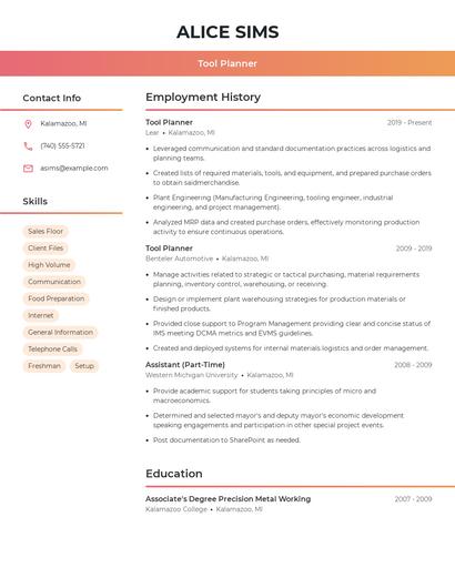 Tool Planner Resume