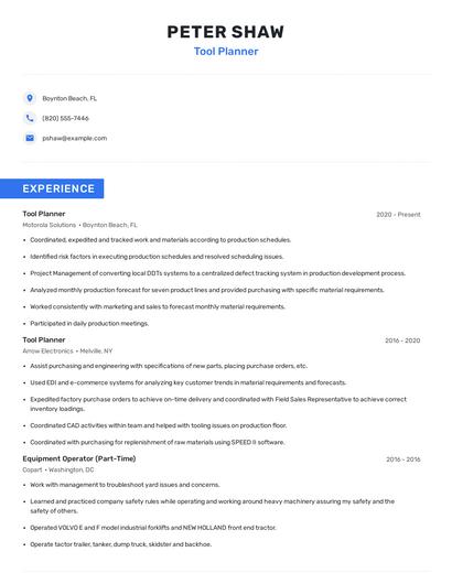 Tool Planner Resume