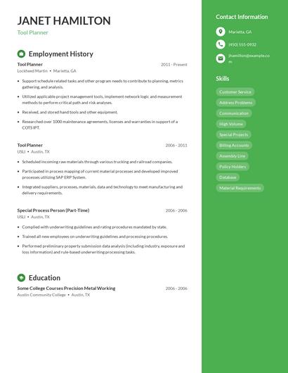 Tool Planner Resume