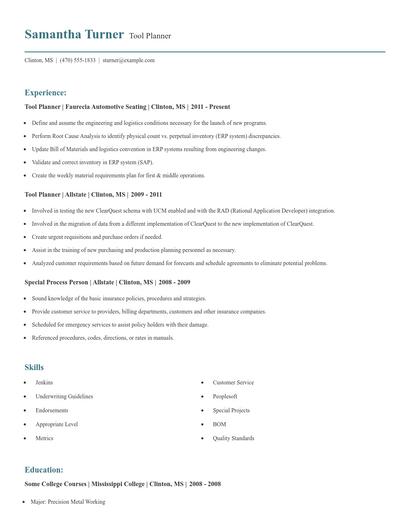 Tool Planner Resume