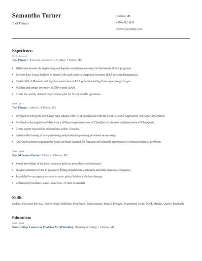 Tool Planner Resume