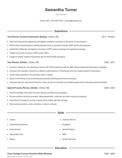 Tool Planner Resume