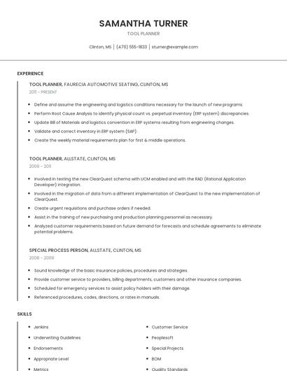 Tool Planner Resume