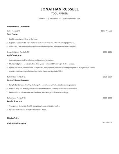 Tool Pusher Resume
