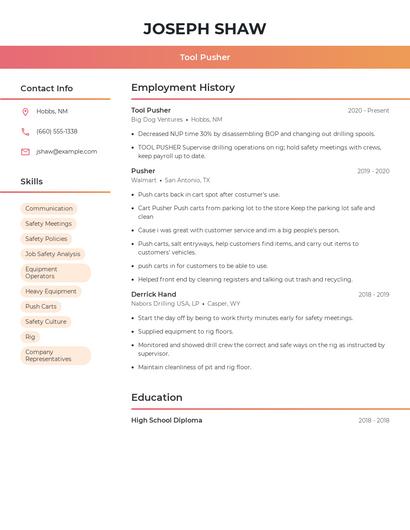 Tool Pusher Resume