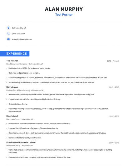 Tool Pusher Resume
