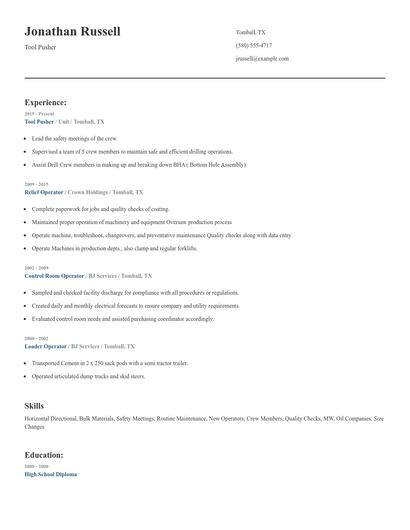Tool Pusher Resume