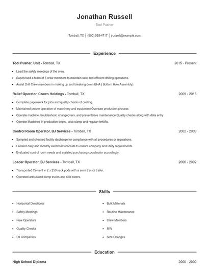 Tool Pusher Resume