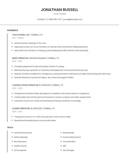 Tool Pusher Resume