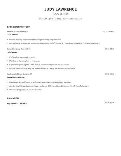 Tool Setter Resume
