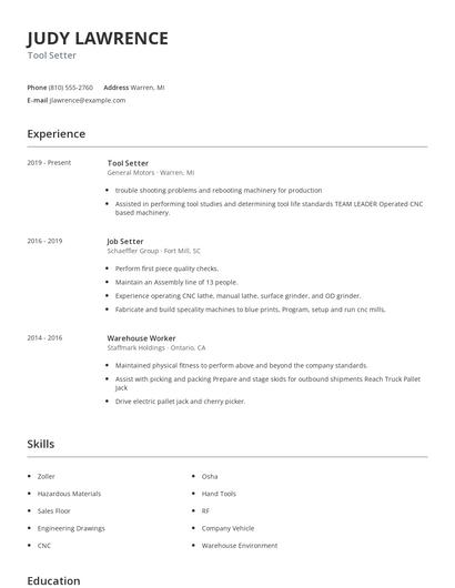 Tool Setter Resume