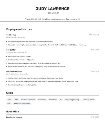 Tool Setter Resume