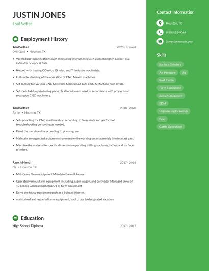 Tool Setter Resume