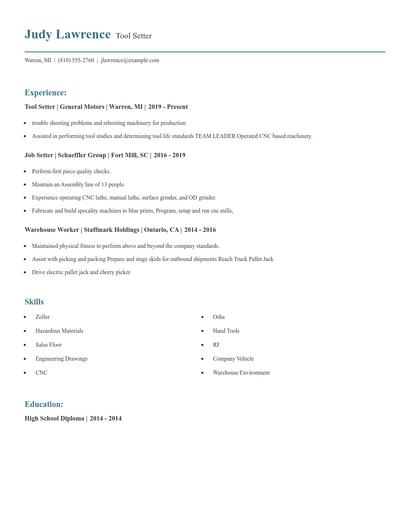 Tool Setter Resume