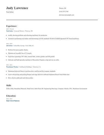 Tool Setter Resume