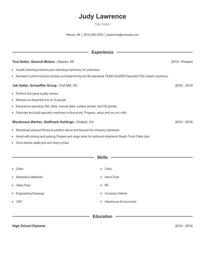 Tool Setter Resume