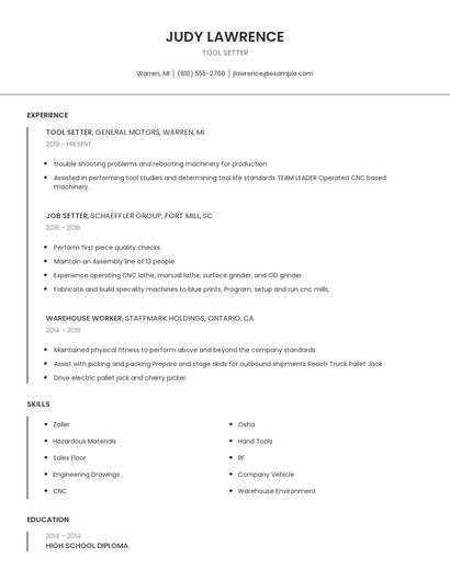 Tool Setter Resume