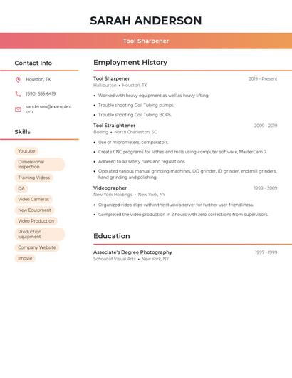 Tool Sharpener Resume