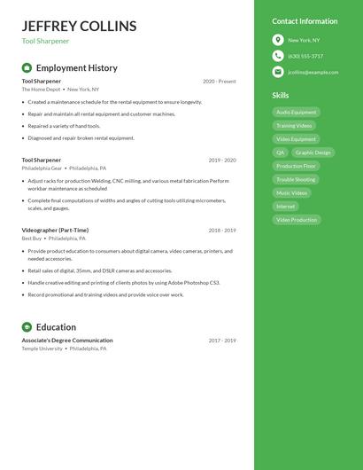 Tool Sharpener Resume