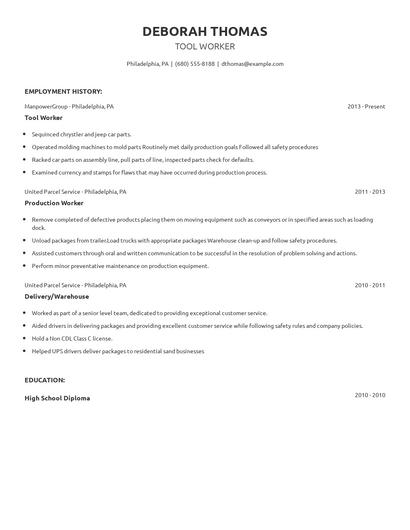 Tool Worker Resume