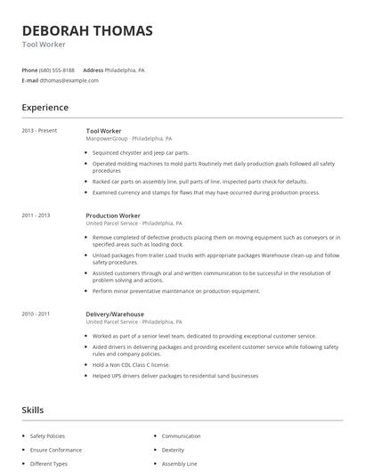 Tool Worker Resume