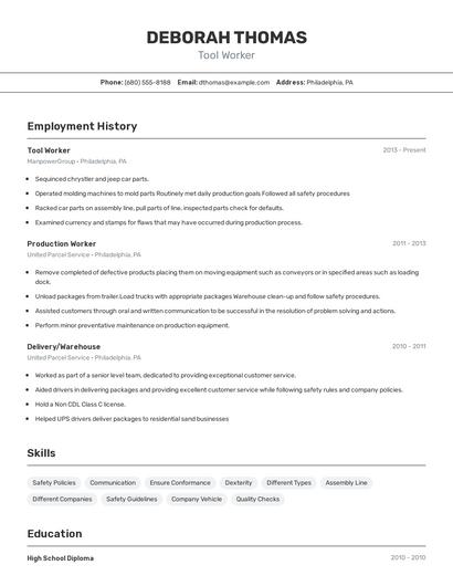 Tool Worker Resume