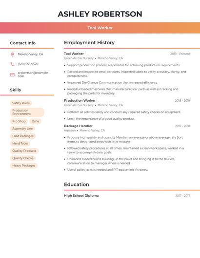 Tool Worker Resume
