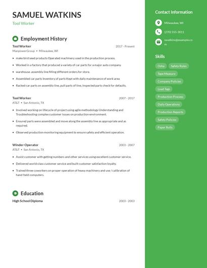 Tool Worker Resume