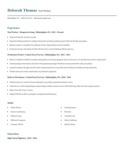 Tool Worker Resume