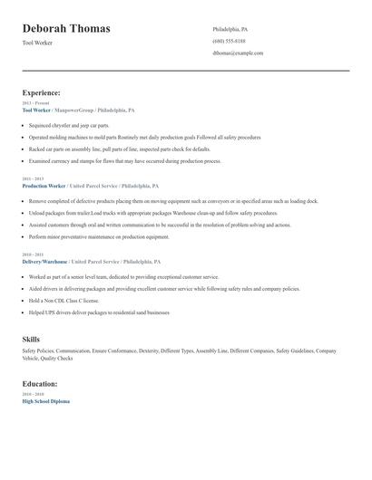 Tool Worker Resume