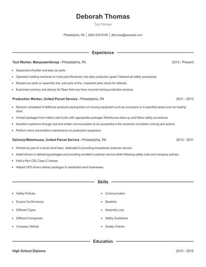 Tool Worker Resume