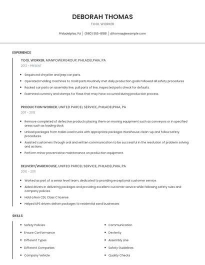 Tool Worker Resume