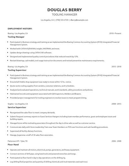 Tooling Manager Resume