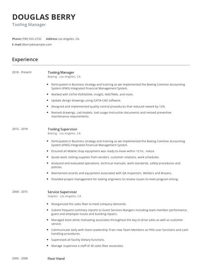 Tooling Manager Resume