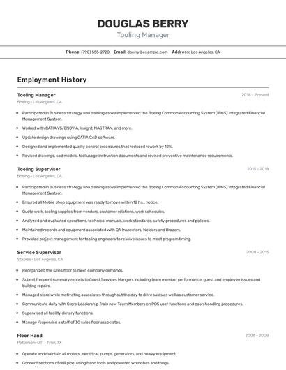 Tooling Manager Resume