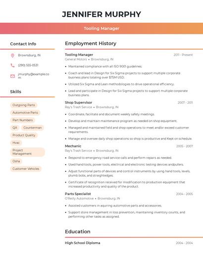 Tooling Manager Resume