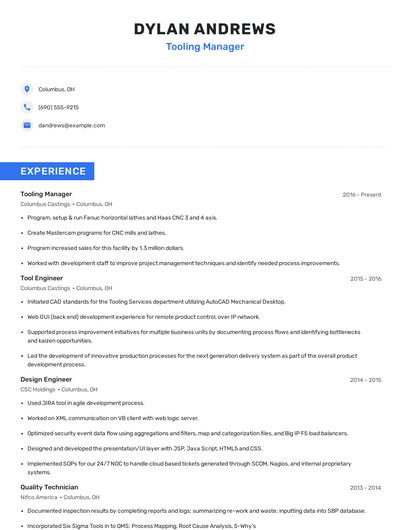 Tooling Manager Resume