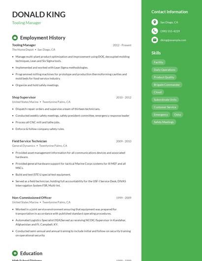 Tooling Manager Resume
