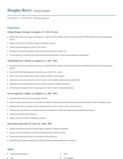 Tooling Manager Resume