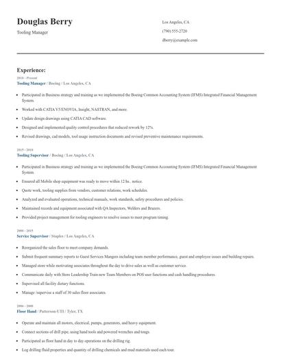 Tooling Manager Resume