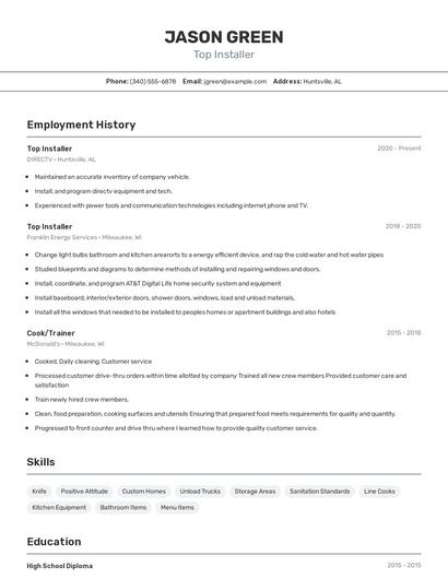 Top Installer Resume