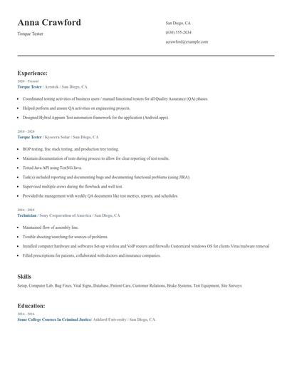 Torque Tester Resume