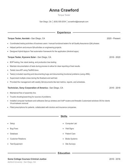 Torque Tester Resume