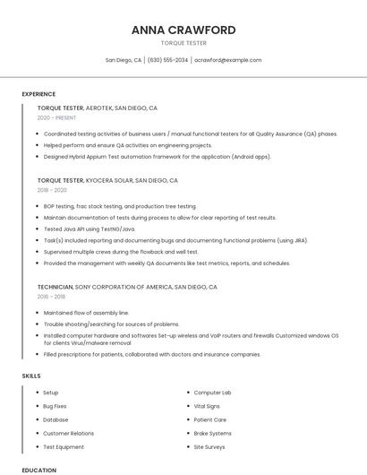 Torque Tester Resume