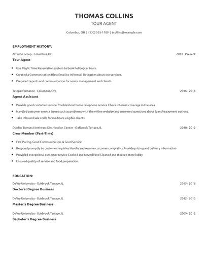 Tour Agent Resume