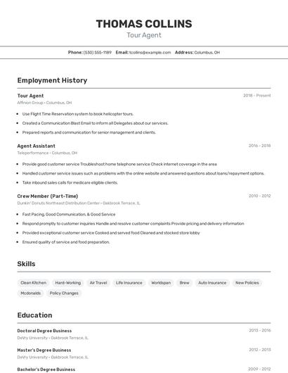 Tour Agent Resume