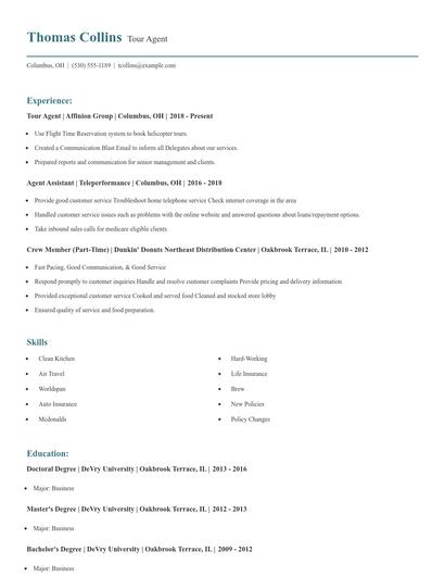 Tour Agent Resume