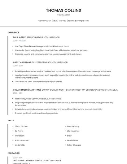Tour Agent Resume