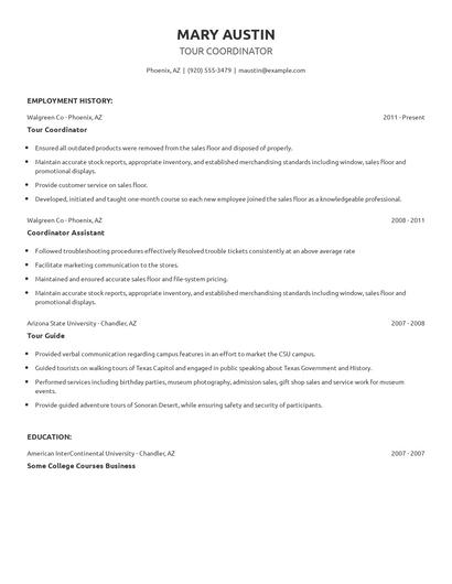 Tour Coordinator Resume