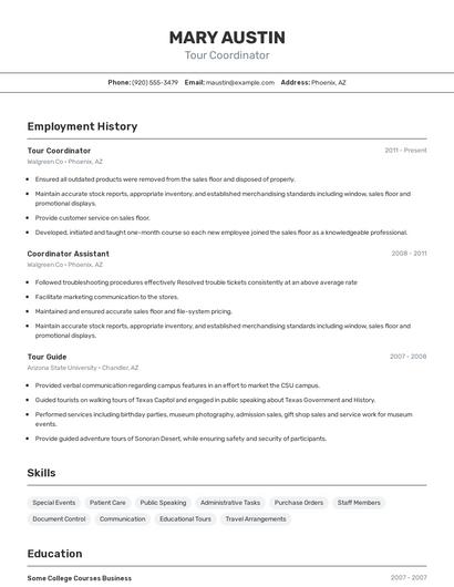 Tour Coordinator Resume